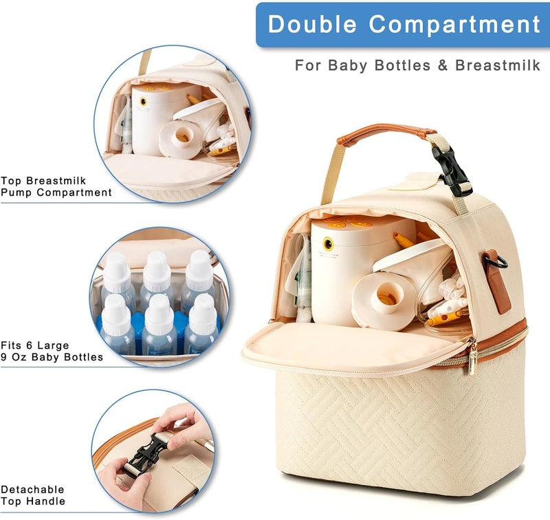 Docami Breastmilk Cooler Bag with Ice Pack & Mat Fit 6 Bottles Up to 9 Ounce, Breast Milk Pump Cooler Bag for Moms Daycare,Work&Travel, Cream - Image 2